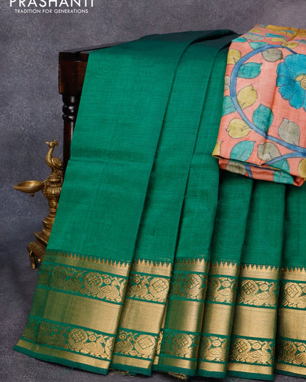 Mangalgiri silk cotton saree green and rust shade with plain body and annam zari woven border & kalamkari hand painted blouse