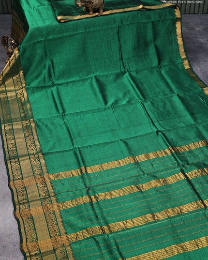Mangalgiri silk cotton saree green and rust shade with plain body and annam zari woven border & kalamkari hand painted blouse
