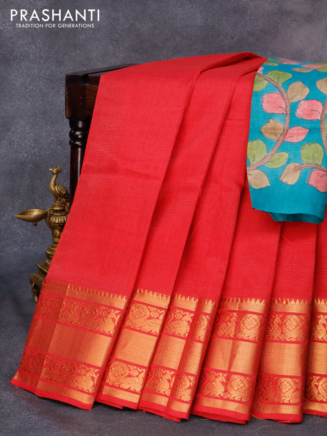 Mangalgiri silk cotton saree red and teal blue with plain body and annam zari woven border & kalamkari hand painted blouse