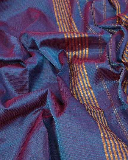 Mangalgiri silk cotton saree dual shade of bluish maroon and rust shade with plain body and annam zari woven border & kalamkari hand painted blouse