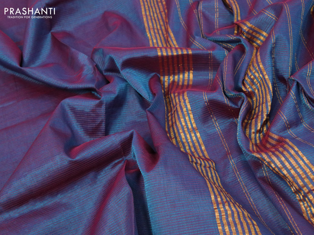 Mangalgiri silk cotton saree dual shade of bluish maroon and rust shade with plain body and annam zari woven border & kalamkari hand painted blouse