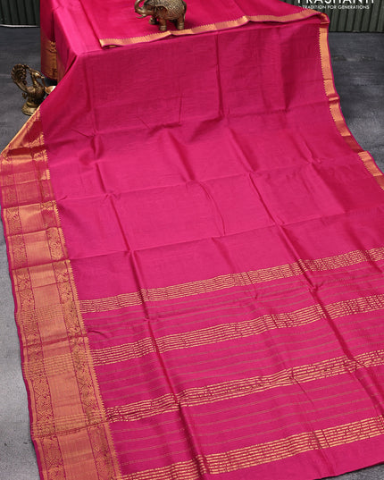 Mangalgiri silk cotton saree dark pink and teal blue with plain body and annam zari woven border & kalamkari hand painted blouse