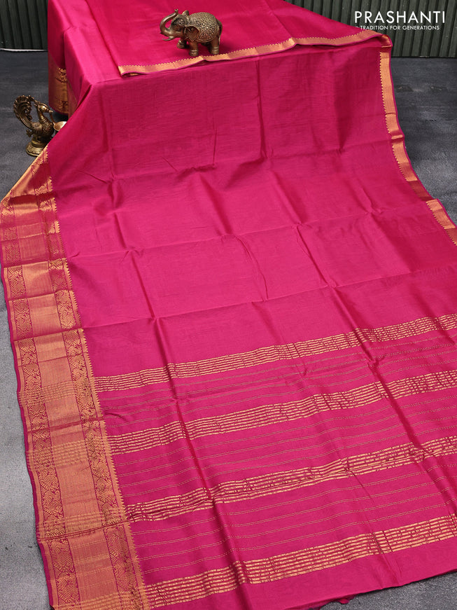 Mangalgiri silk cotton saree dark pink and teal blue with plain body and annam zari woven border & kalamkari hand painted blouse