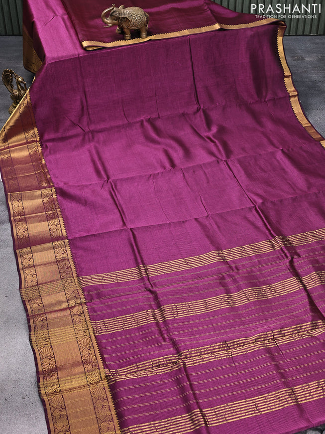 Mangalgiri silk cotton saree wine shade and beige with plain body and annam zari woven border & kalamkari hand painted blouse