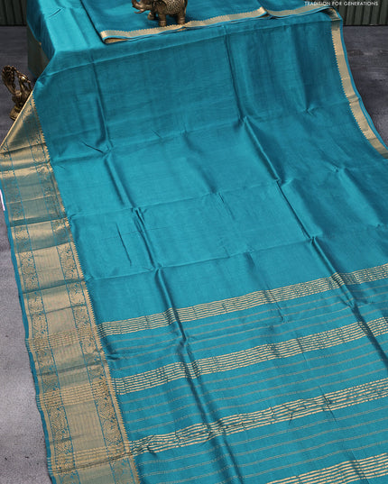 Mangalgiri silk cotton saree peacock green and mustard shade with plain body and annam zari woven border & kalamkari hand painted blouse