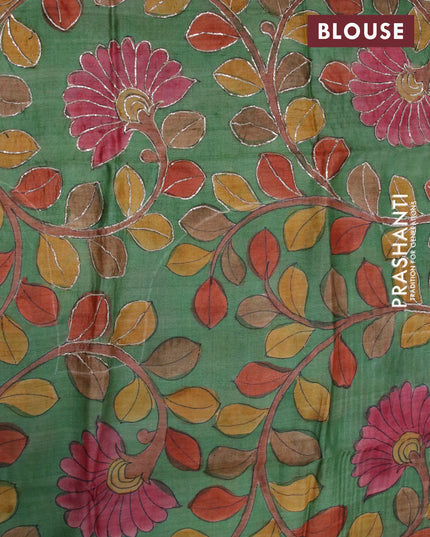 Mangalgiri silk cotton saree maroon and green with plain body and long silver zari woven checks border & kalamkari hand painted blouse