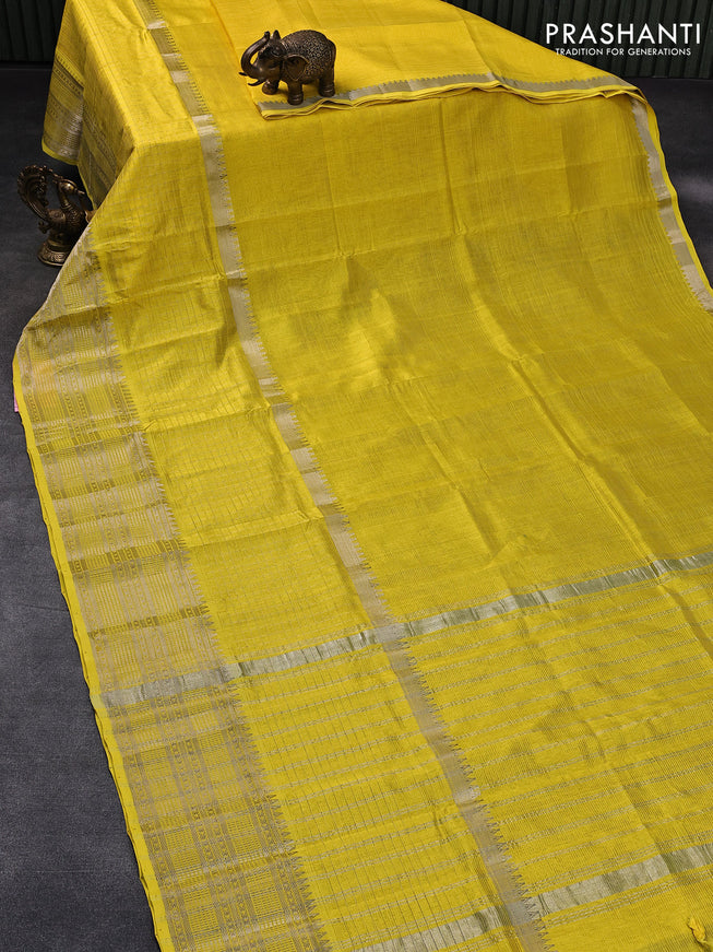 Mangalgiri silk cotton saree yellow and cs blue with plain body and long silver zari woven checks border & kalamkari hand painted blouse