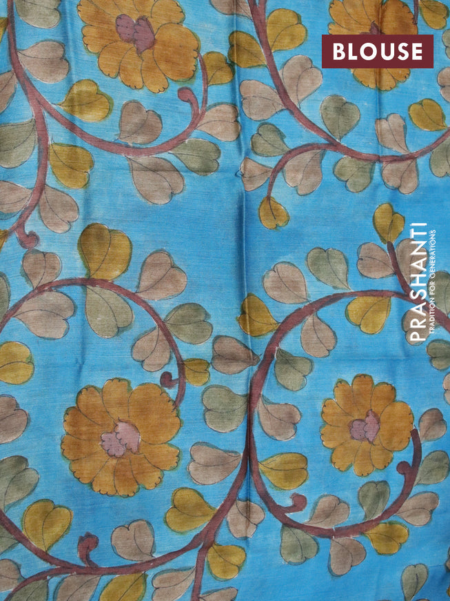 Mangalgiri silk cotton saree yellow and cs blue with plain body and long silver zari woven checks border & kalamkari hand painted blouse