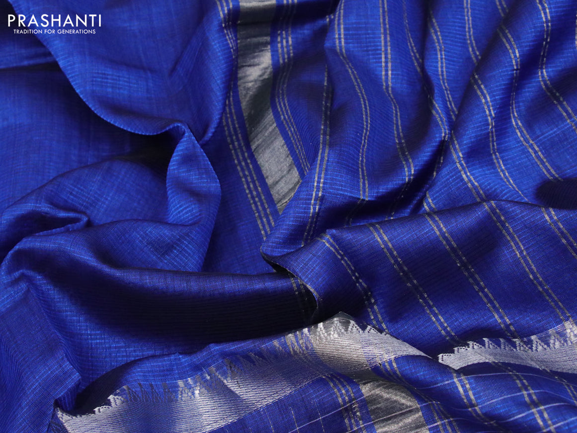 Mangalgiri silk cotton saree royal blue and grey with plain body and long silver zari woven checks border & kalamkari hand painted blouse