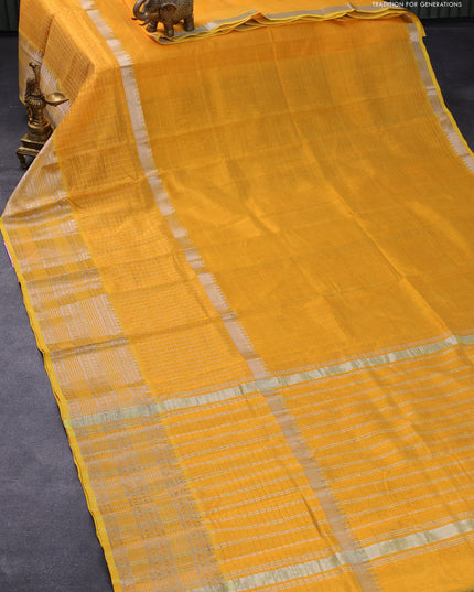 Mangalgiri silk cotton saree mango yellow and grey with plain body and long silver zari woven checks border & kalamkari hand painted blouse