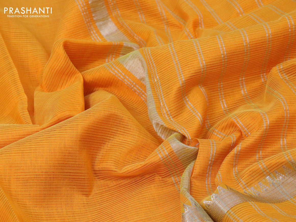 Mangalgiri silk cotton saree mango yellow and grey with plain body and long silver zari woven checks border & kalamkari hand painted blouse