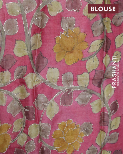 Mangalgiri silk cotton saree maroon and pink shade with plain body and long silver zari woven checks border & kalamkari hand painted blouse