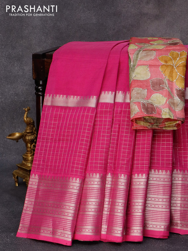 Mangalgiri silk cotton saree magenta pink and pink shade with plain body and long silver zari woven checks border & kalamkari hand painted blouse