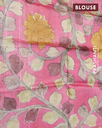 Mangalgiri silk cotton saree magenta pink and pink shade with plain body and long silver zari woven checks border & kalamkari hand painted blouse