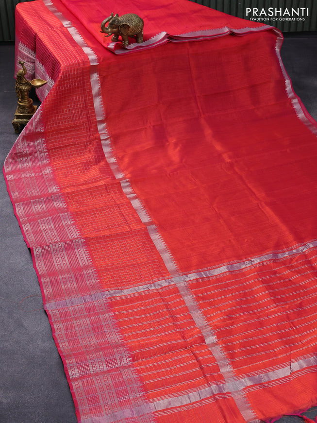 Mangalgiri silk cotton saree dual shade of pinkish orange with plain body and long silver zari woven checks border & kalamkari hand painted blouse
