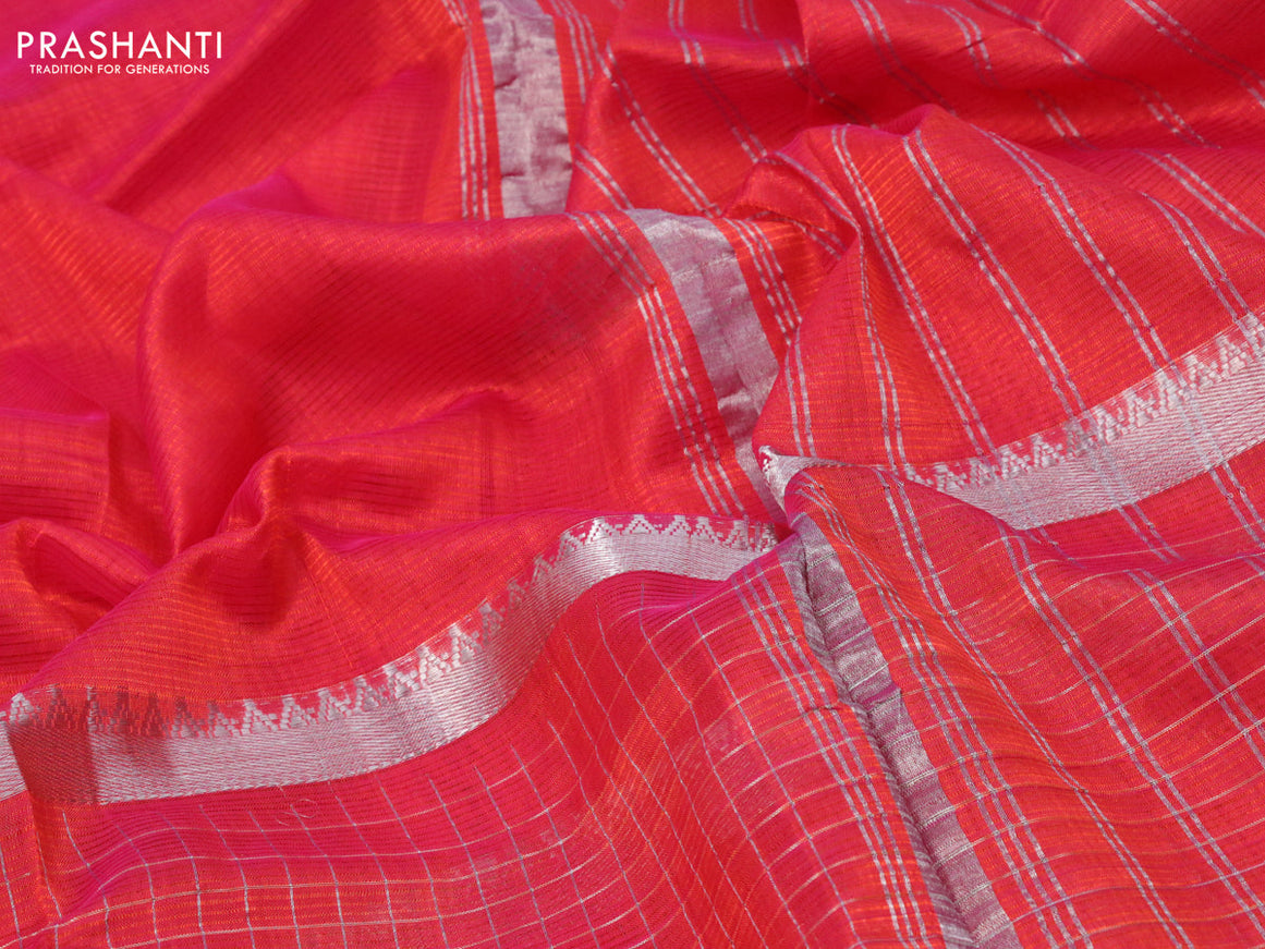 Mangalgiri silk cotton saree dual shade of pinkish orange with plain body and long silver zari woven checks border & kalamkari hand painted blouse