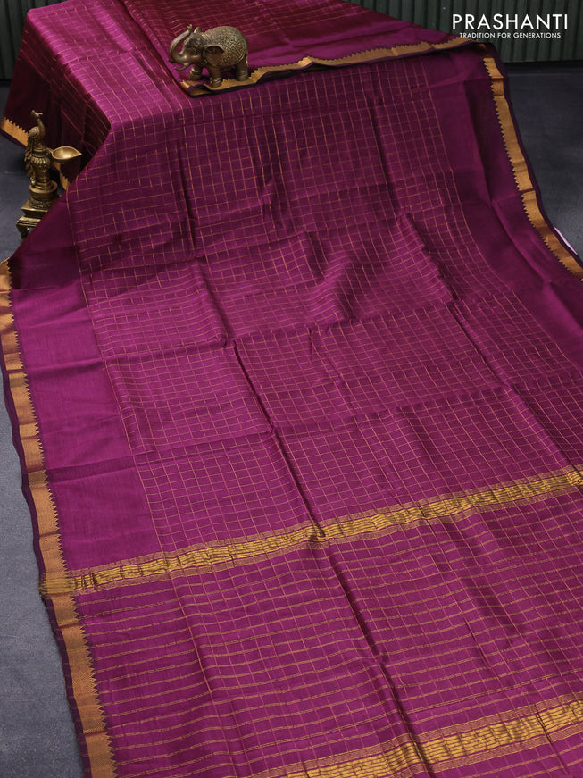 Mangalgiri silk cotton saree wine shade and beige with allover zari checked pattern and zari woven border & kalamkari hand painted blouse