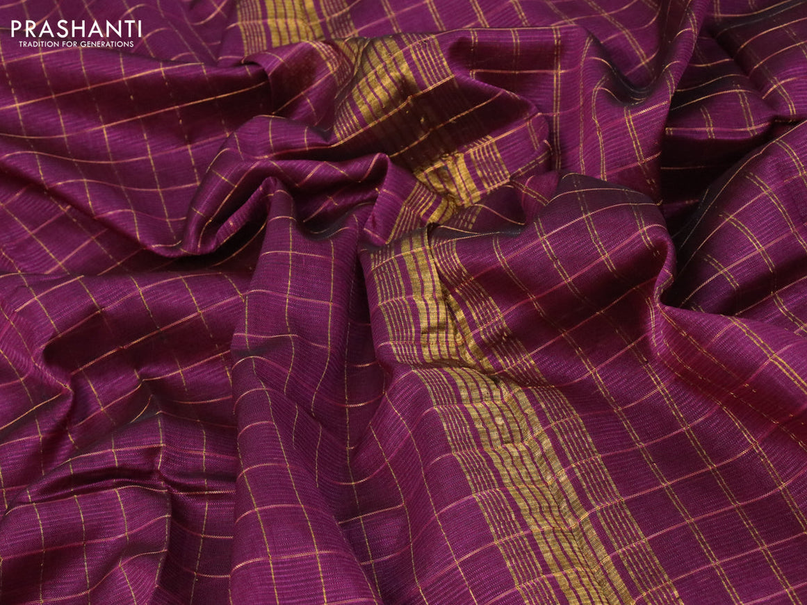 Mangalgiri silk cotton saree wine shade and beige with allover zari checked pattern and zari woven border & kalamkari hand painted blouse