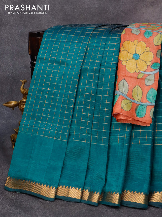 Mangalgiri silk cotton saree peacock green and rust shade with allover zari checked pattern and zari woven border & kalamkari hand painted blouse