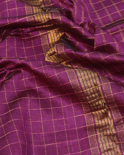 Mangalgiri silk cotton saree wine shade and green with allover zari checked pattern and zari woven border & kalamkari hand painted blouse