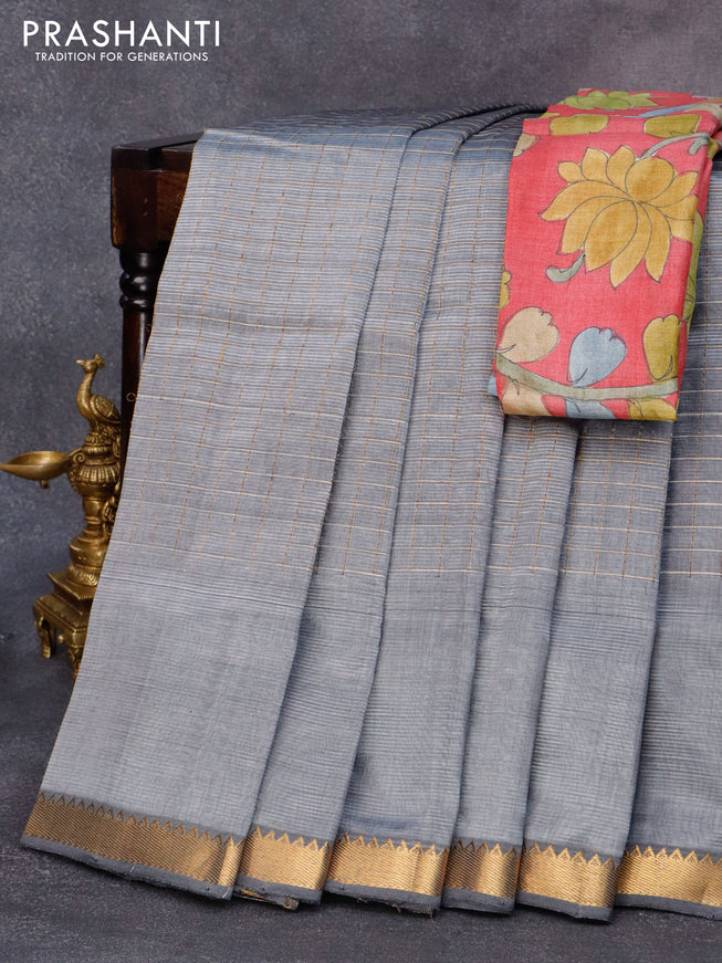 Mangalgiri silk cotton saree grey and maroon shade with allover zari checked pattern and zari woven border & kalamkari hand painted blouse