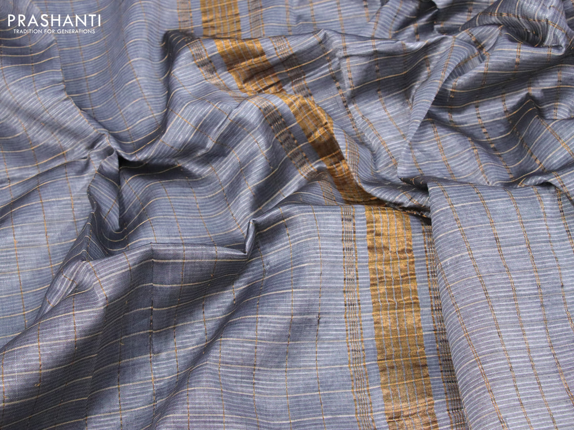 Mangalgiri silk cotton saree grey and maroon shade with allover zari checked pattern and zari woven border & kalamkari hand painted blouse