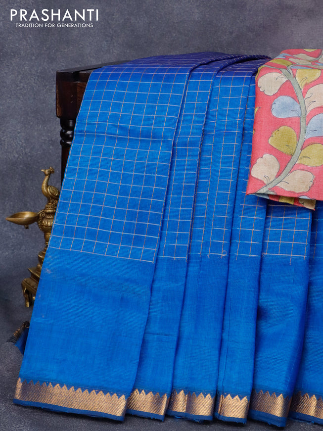 Mangalgiri silk cotton saree royal blue and beige with allover zari checked pattern and zari woven border & kalamkari hand painted blouse
