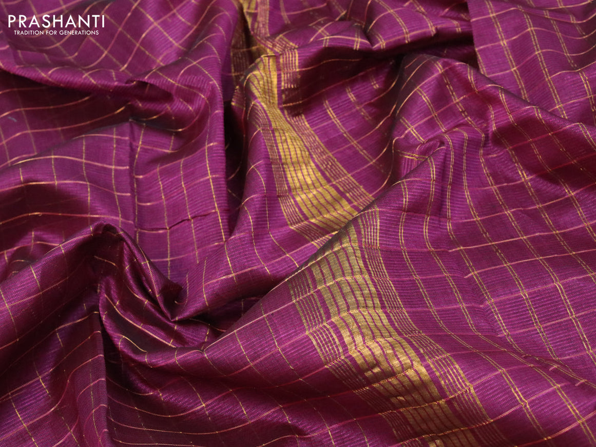 Mangalgiri silk cotton saree wine shade and elephant grey with allover zari checked pattern and zari woven border & kalamkari hand painted blouse
