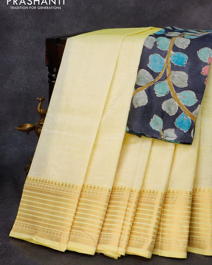 Mangalgiri silk cotton saree pale yellow and elephant grey with plain body and zari woven border & kalamkari hand painted blouse