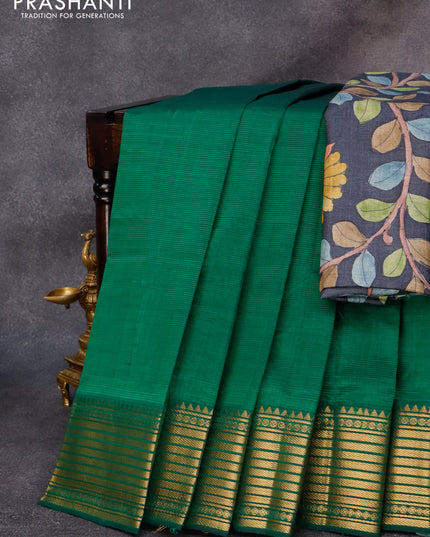 Mangalgiri silk cotton saree green and elephant grey with plain body and zari woven border & kalamkari hand painted blouse