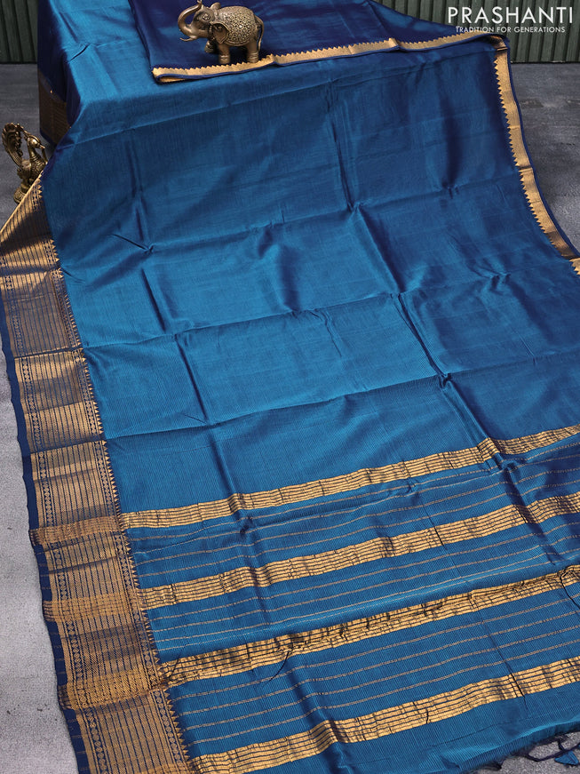Mangalgiri silk cotton saree peacock blue and rust shade with plain body and zari woven border & kalamkari hand painted blouse