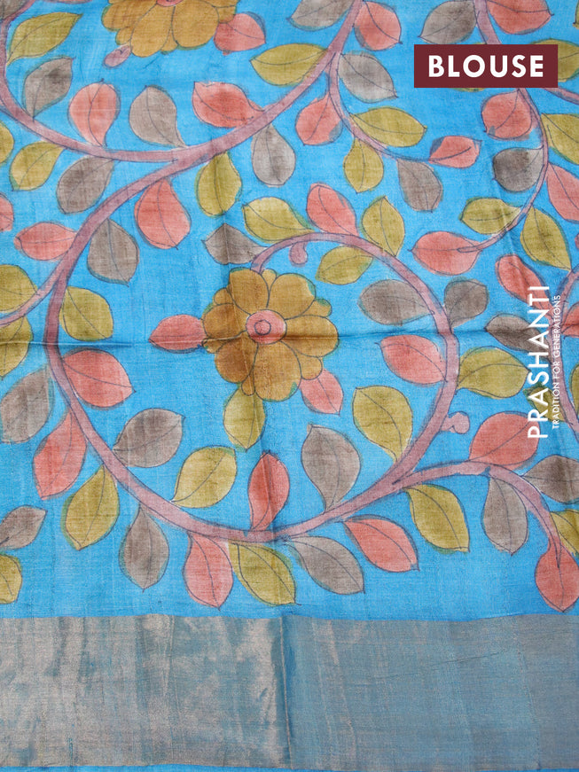 Mangalgiri silk cotton saree black and cs blue with plain body and zari woven border & kalamkari hand painted blouse
