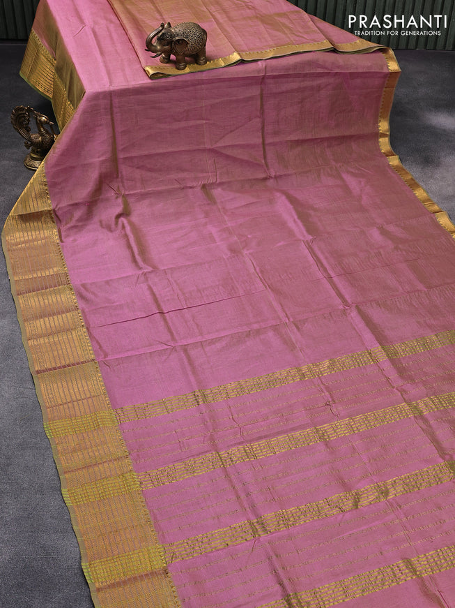 Mangalgiri silk cotton saree dual shade of pinkish green and green shade with plain body and zari woven border & kalamkari hand painted blouse