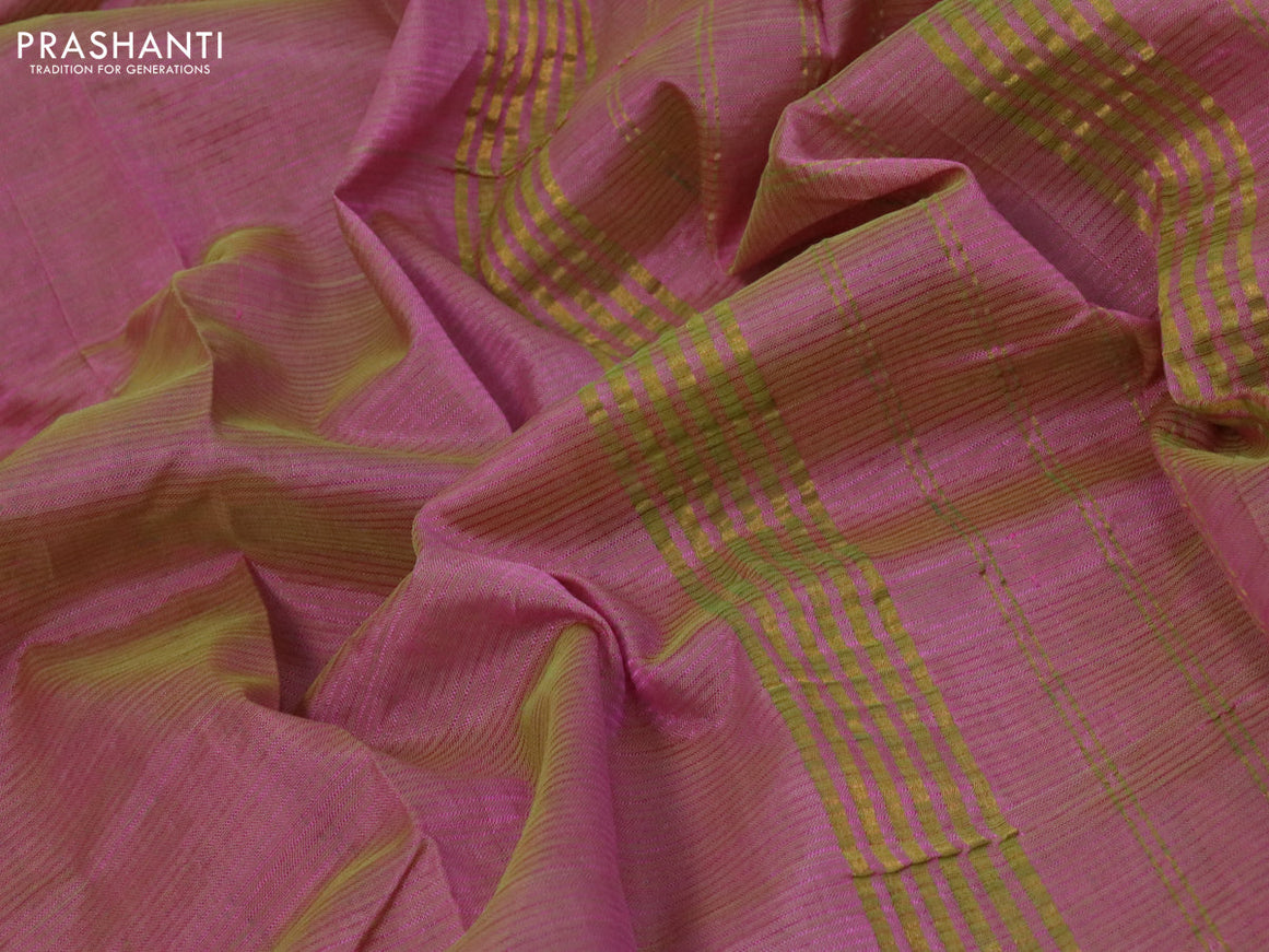 Mangalgiri silk cotton saree dual shade of pinkish green and green shade with plain body and zari woven border & kalamkari hand painted blouse