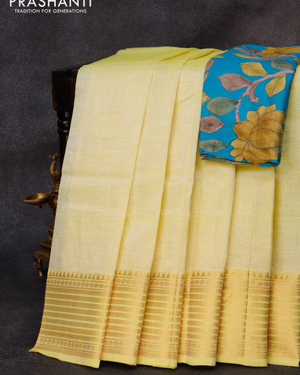 Mangalgiri silk cotton saree pale yellow and cs blue with plain body and zari woven border & kalamkari hand painted blouse