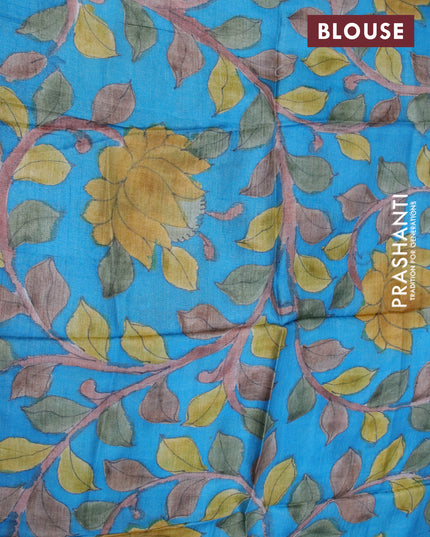 Mangalgiri silk cotton saree pale yellow and cs blue with plain body and zari woven border & kalamkari hand painted blouse