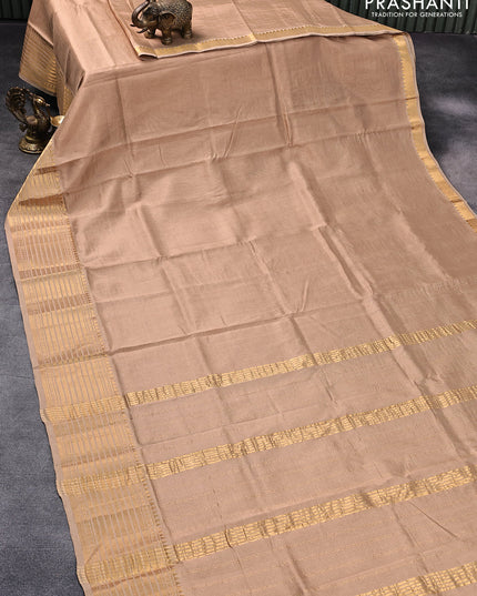 Mangalgiri silk cotton saree sandal and grey with plain body and zari woven border & kalamkari hand painted blouse