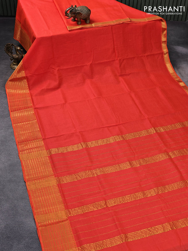 Mangalgiri silk cotton saree orange and green with plain body and zari woven border & kalamkari hand painted blouse