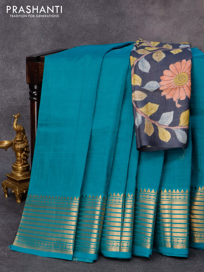 Mangalgiri silk cotton saree peacock green and dark grey with plain body and zari woven border & kalamkari hand painted blouse