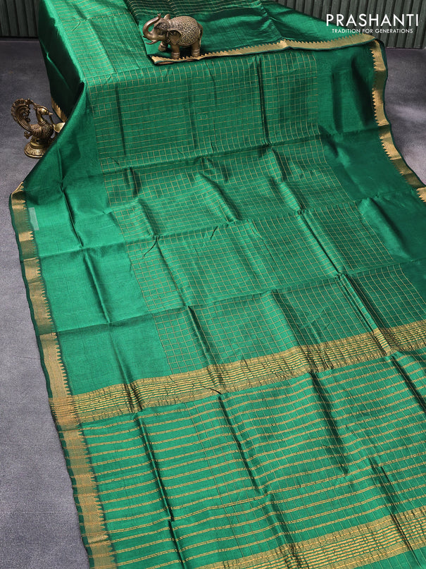 Mangalgiri silk cotton saree green and rust shade with allover zari checked pattern and zari woven border & kalamkari hand painted blouse
