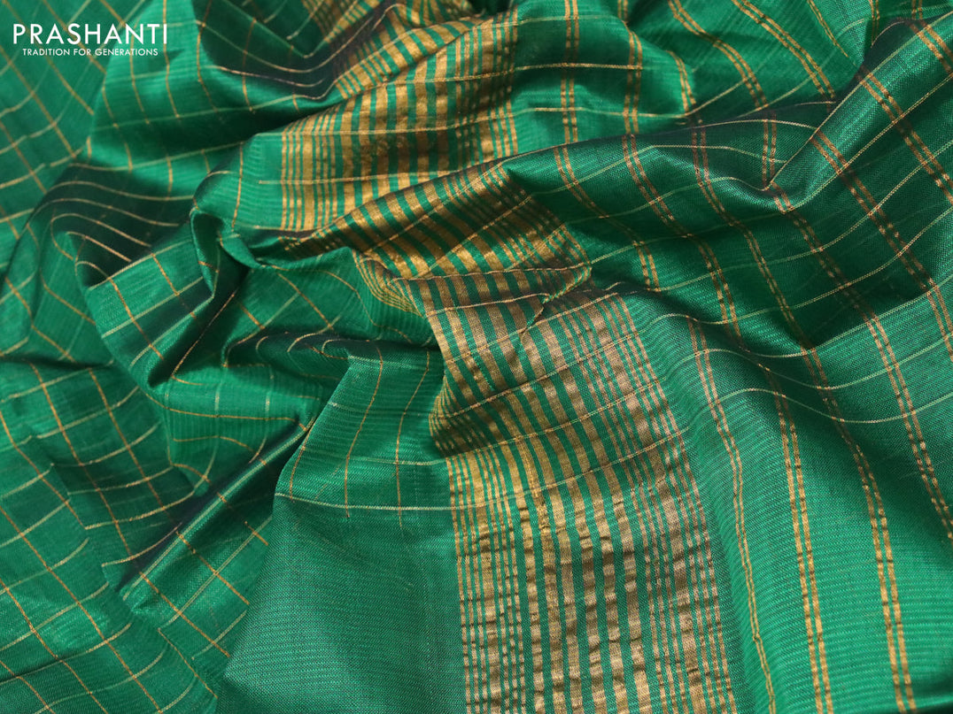 Mangalgiri silk cotton saree green and rust shade with allover zari checked pattern and zari woven border & kalamkari hand painted blouse