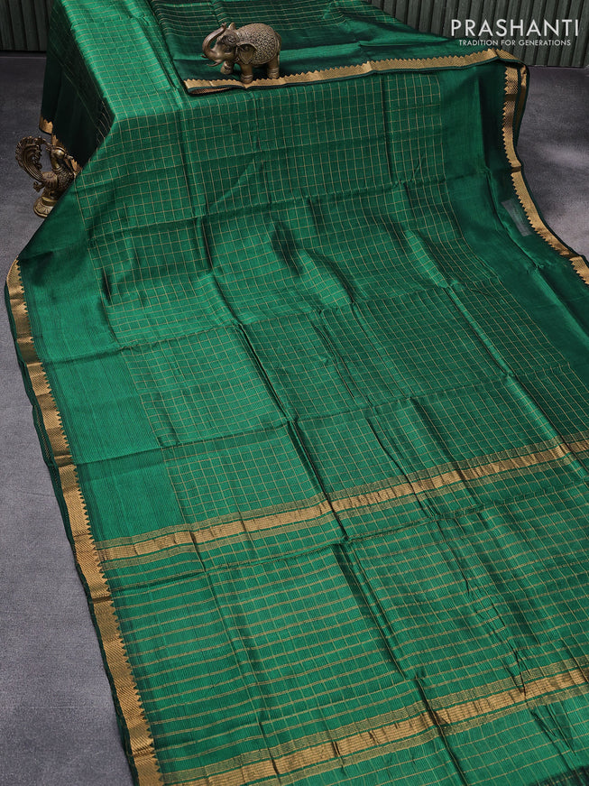 Mangalgiri silk cotton saree green and beige with allover zari checked pattern and zari woven border & kalamkari hand painted blouse