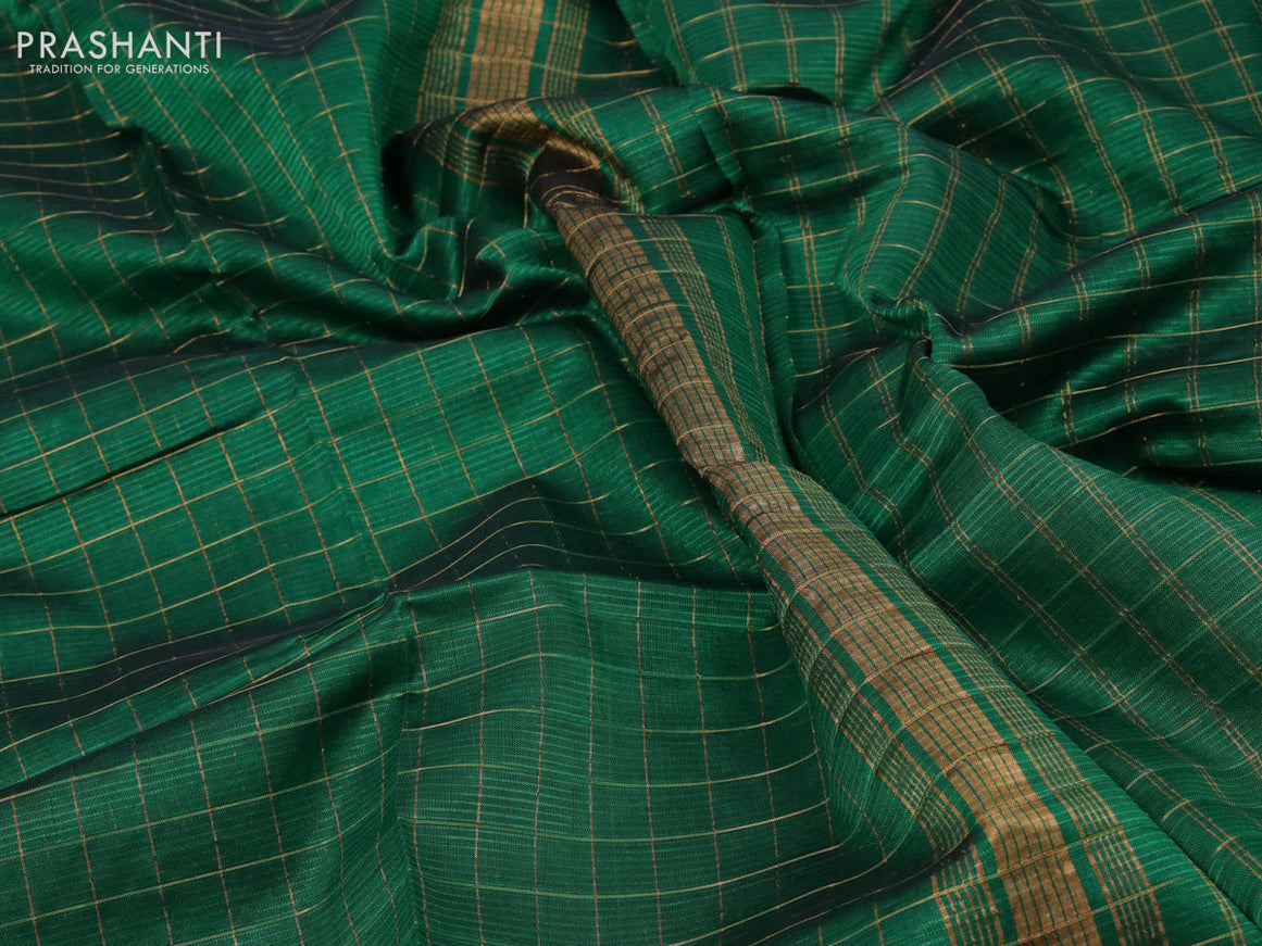 Mangalgiri silk cotton saree green and beige with allover zari checked pattern and zari woven border & kalamkari hand painted blouse