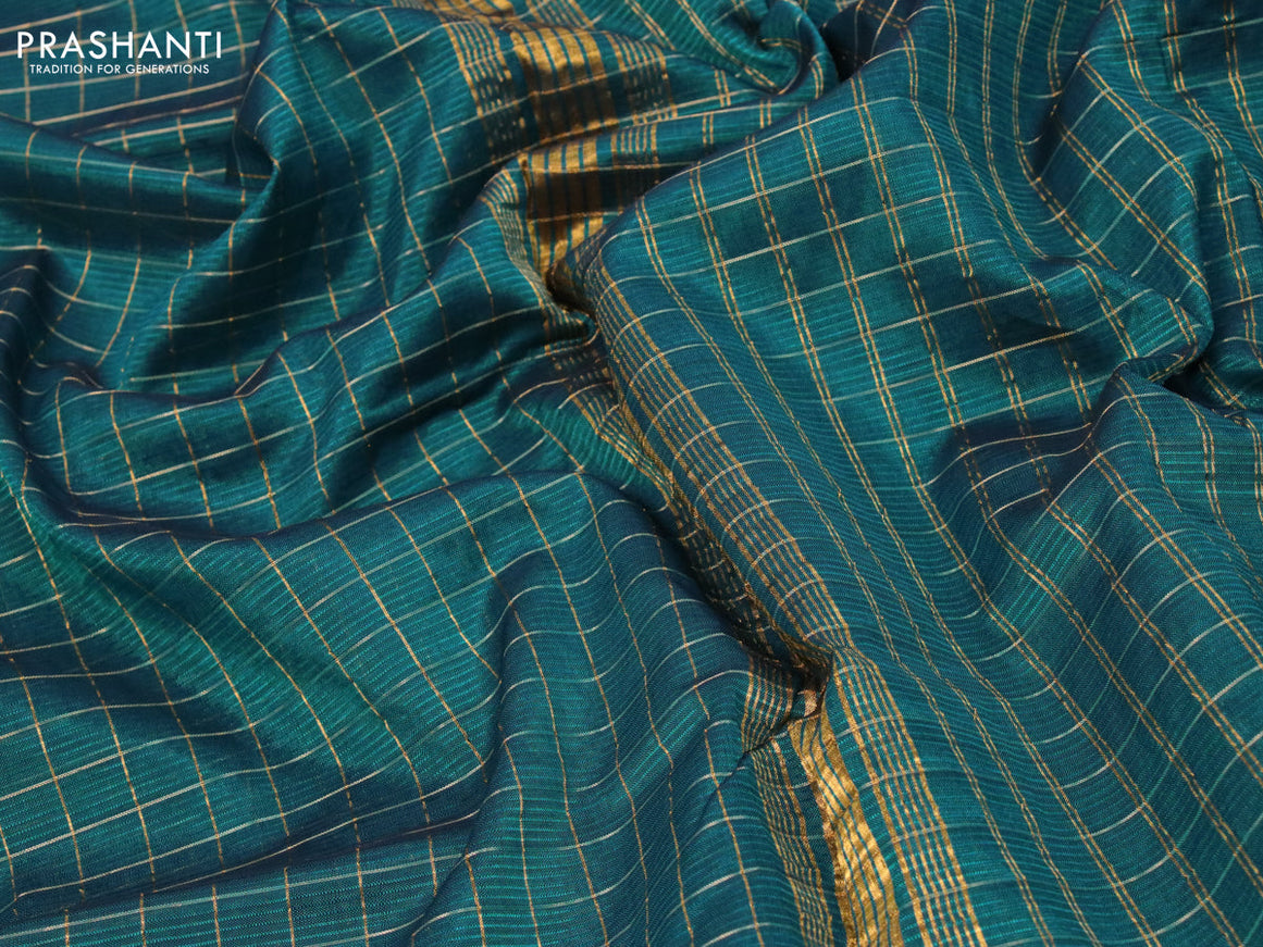 Mangalgiri silk cotton saree peacock green and rust shade with allover zari checked pattern and zari woven border & kalamkari hand painted blouse