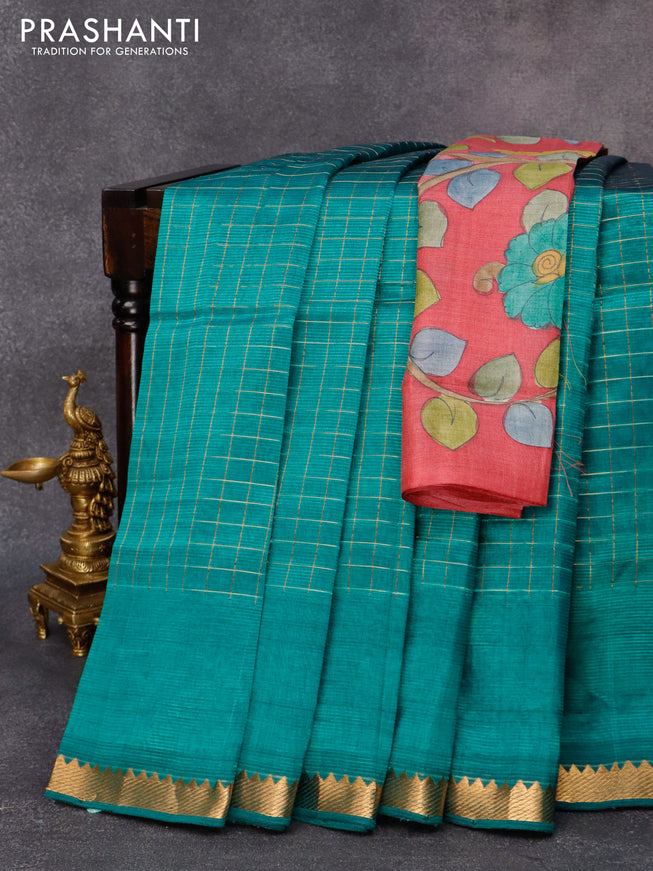 Mangalgiri silk cotton saree teal green and maroon shade with allover zari checked pattern and zari woven border & kalamkari hand painted blouse