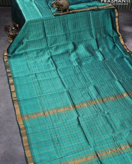 Mangalgiri silk cotton saree teal green and maroon shade with allover zari checked pattern and zari woven border & kalamkari hand painted blouse
