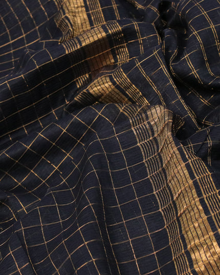 Mangalgiri silk cotton saree black and cs blue with allover zari checked pattern and zari woven border & kalamkari hand painted blouse