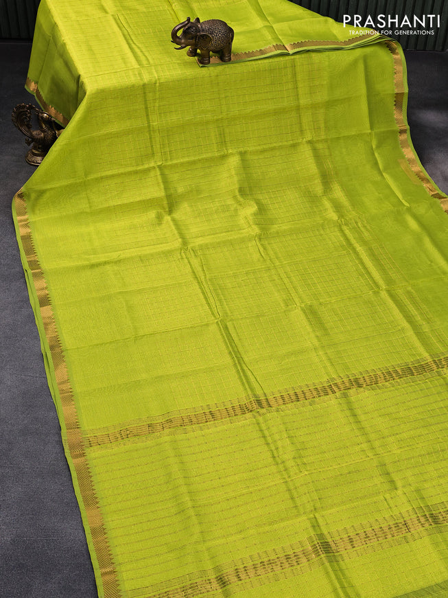 Mangalgiri silk cotton saree lime green and blue with allover zari checked pattern and zari woven border & kalamkari hand painted blouse