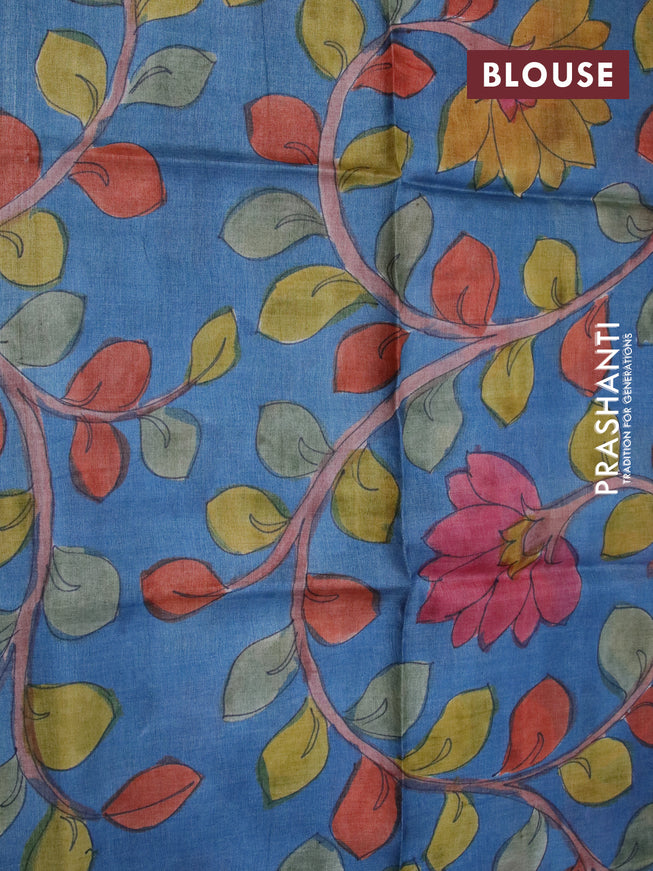 Mangalgiri silk cotton saree lime green and blue with allover zari checked pattern and zari woven border & kalamkari hand painted blouse