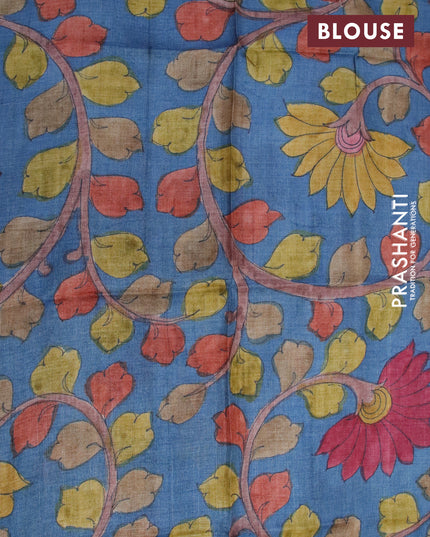 Mangalgiri silk cotton saree dark maroon and bluish grey with allover zari checked pattern and zari woven border & kalamkari hand painted blouse